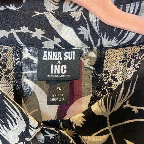 NWT ANNA SUI x INC International Concepts Black and Cream Floral Fringe Blouse - Picture 4 of 8